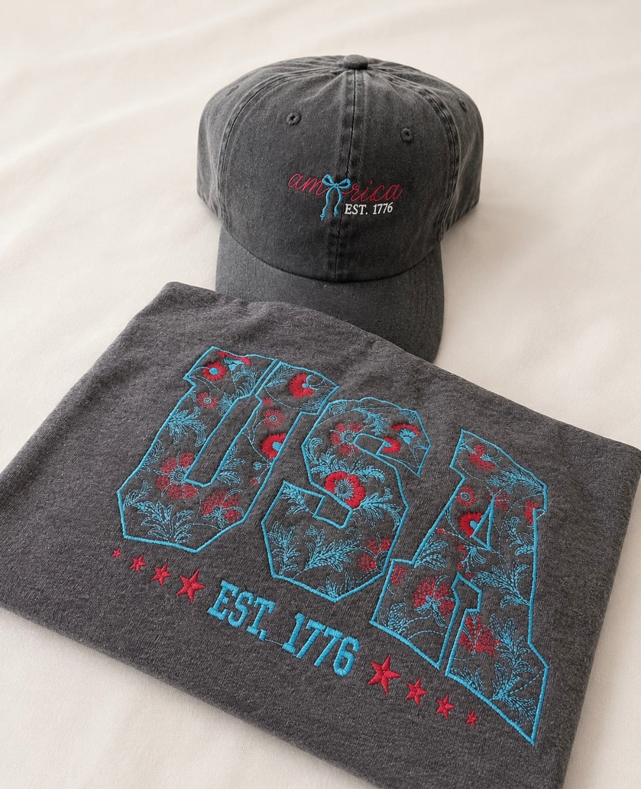 Floral USA Embroidered T-Shirt